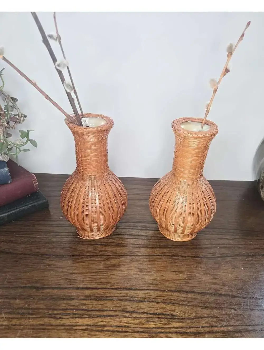 Vintage Bamboo Wrapped Ceramic Boho Vases, Set of 2